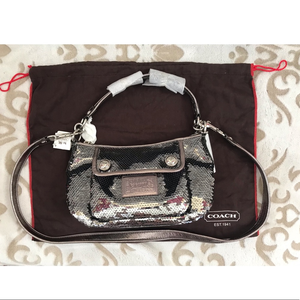 NWT RARE Coach gray sequin Poppy cross body bag - Picture 5 of 10